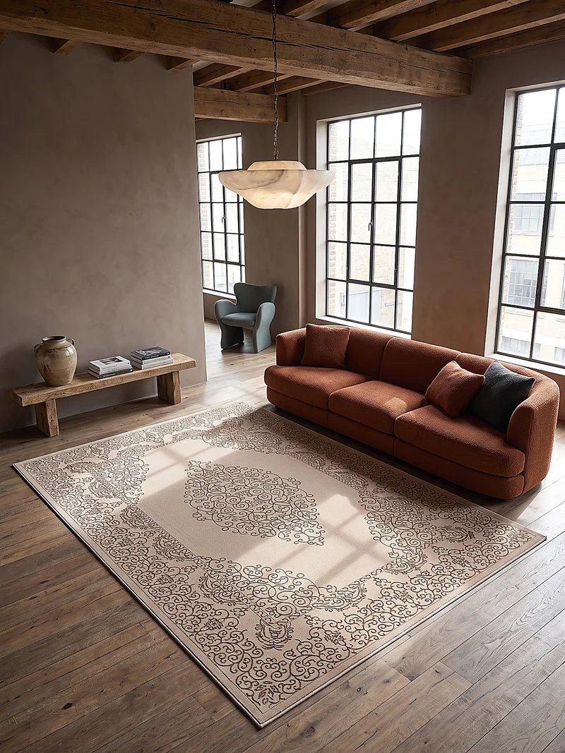Kurzflor-Teppich Filigranes Orient-Medaillon - Polyester, 13 mm Gesamthöhe