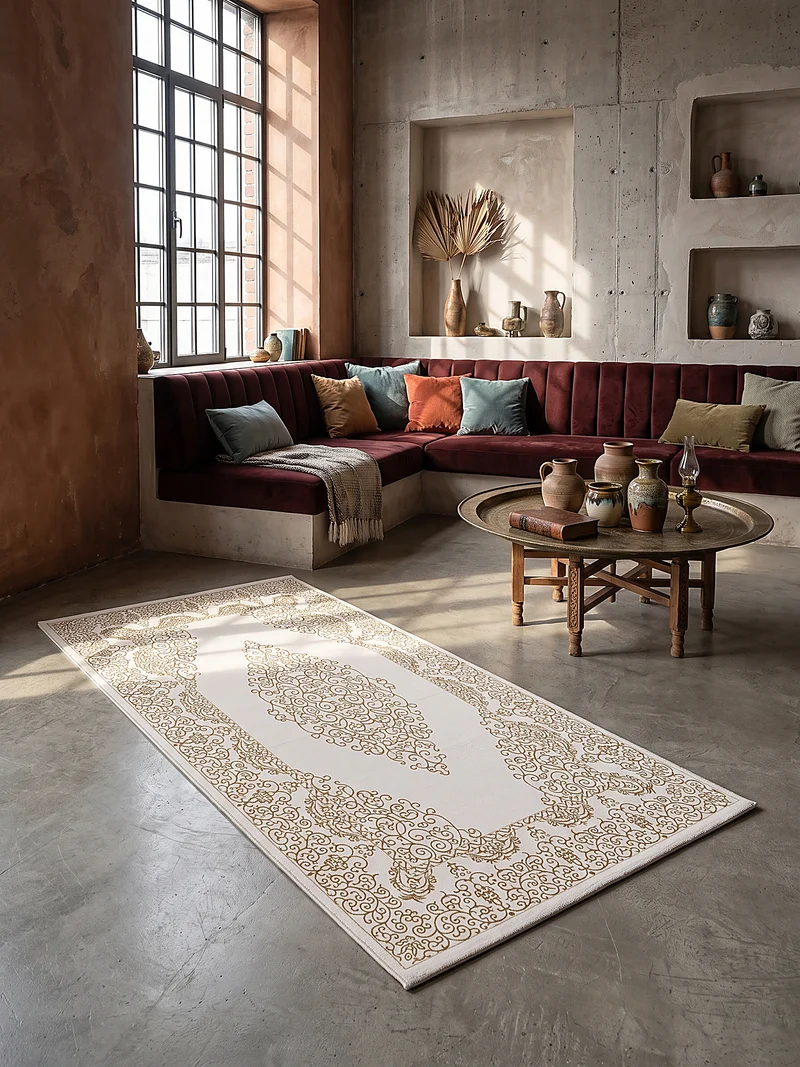 Kurzflor-Teppich Filigranes Orient-Medaillon - Polyester, 13 mm Gesamthöhe