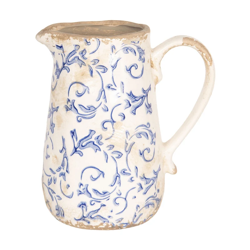 Clayre & Eef dekorative Kanne Weiß Blau mit Blättermotiv