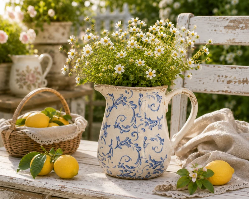 Clayre & Eef dekorative Kanne Weiß Blau mit Blättermotiv