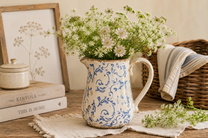 Clayre & Eef dekorative Kanne Weiß Blau mit Blättermotiv
