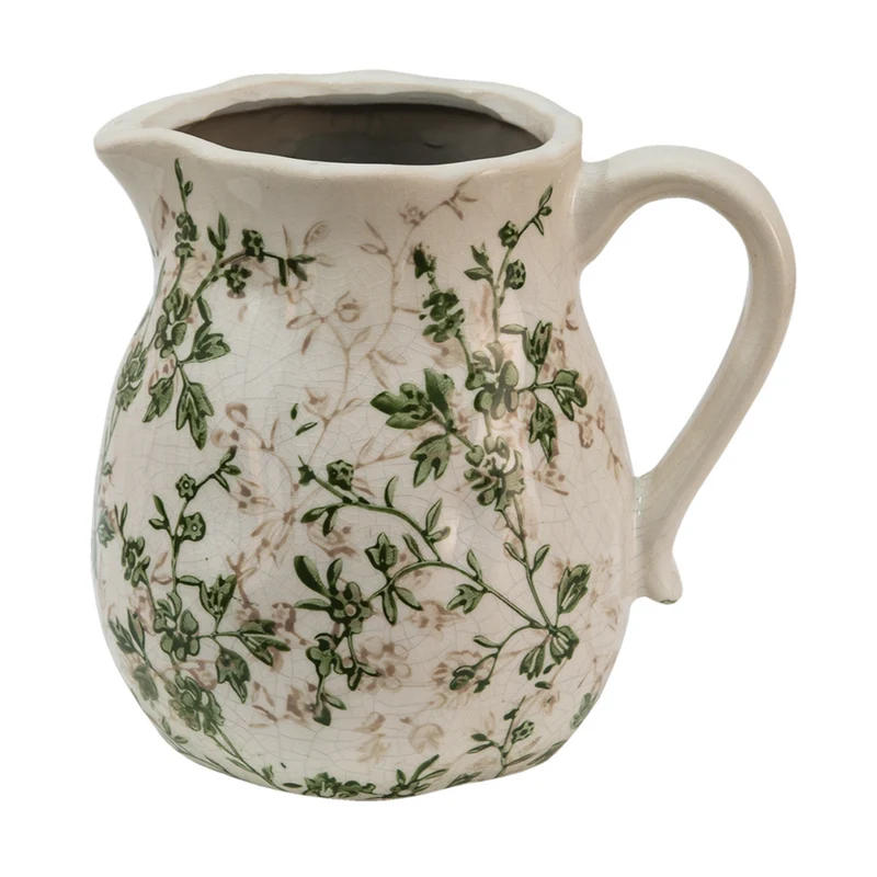 Clayre & Eef dekorative Kanne Grün Beige mit Blumenmotiv