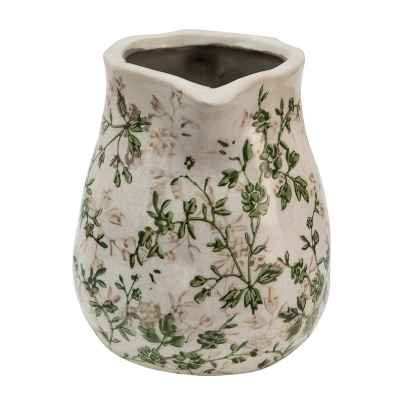 Clayre & Eef dekorative Kanne Grün Beige mit Blumenmotiv