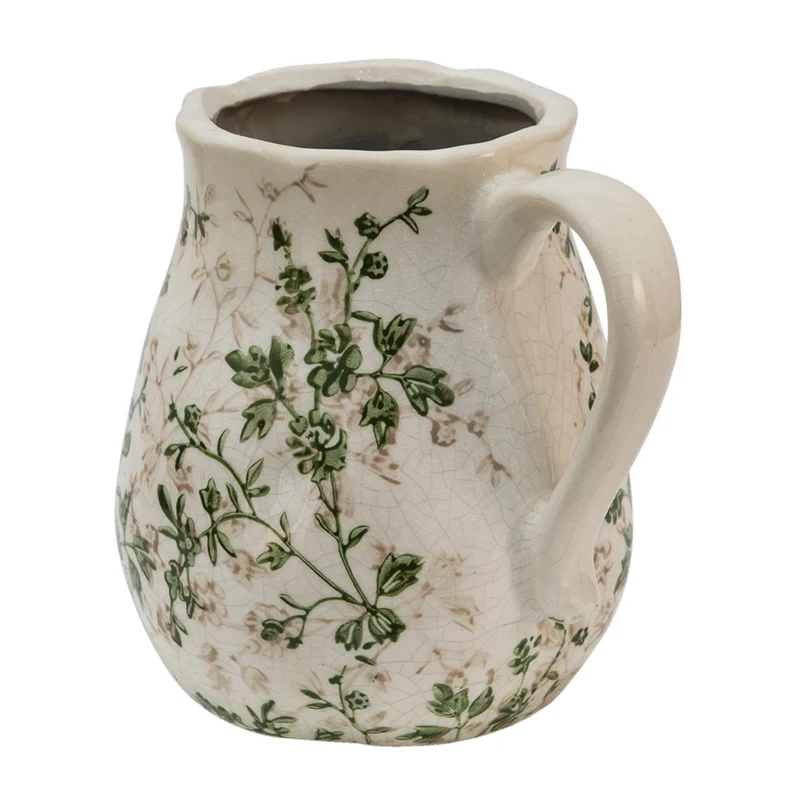 Clayre & Eef dekorative Kanne Grün Beige mit Blumenmotiv