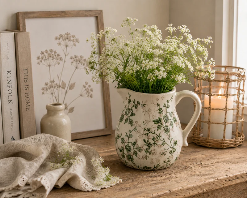Clayre & Eef dekorative Kanne Grün Beige mit Blumenmotiv