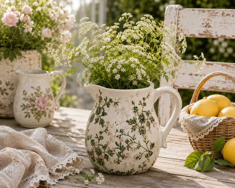 Clayre & Eef dekorative Kanne Grün Beige mit Blumenmotiv