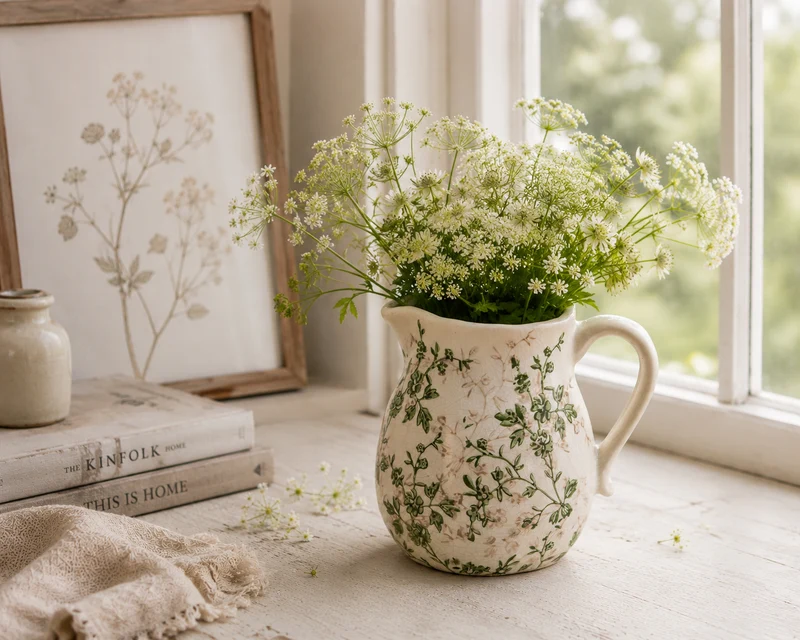 Clayre & Eef dekorative Kanne Grün Beige mit Blumenmotiv