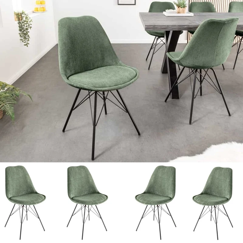 4er Set Design-Klassiker Stuhl NORWAY grün Cord Metallgestell
