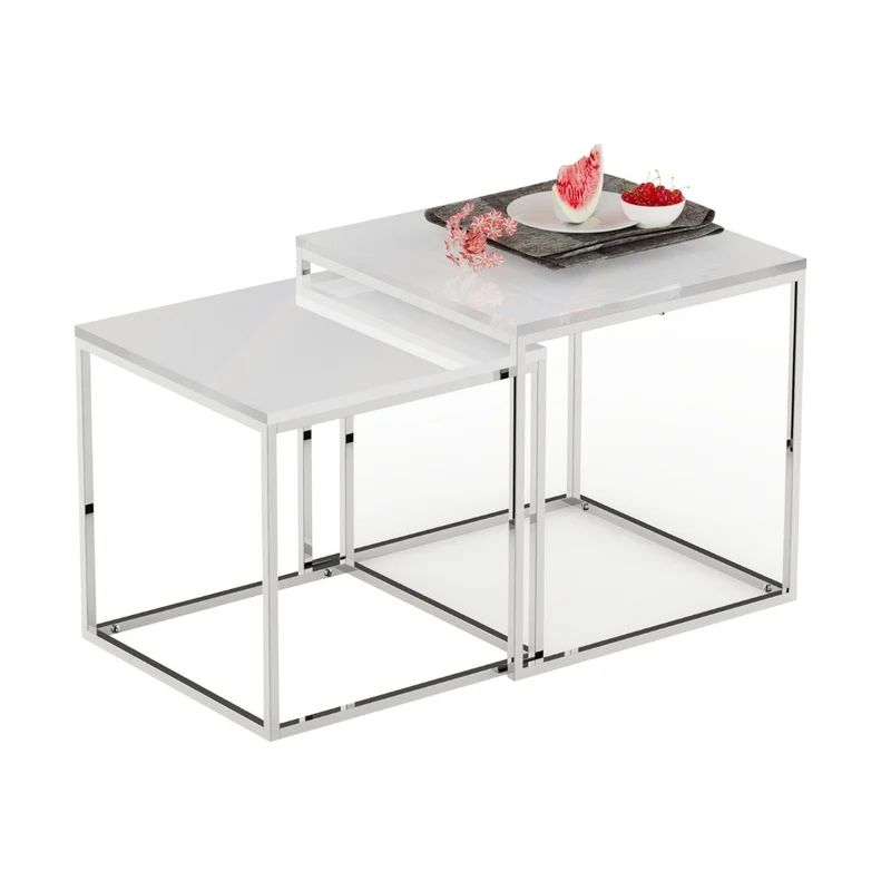 2er Set Design Beistelltisch MENTO weiss hochglanz 50cm Edelstahl