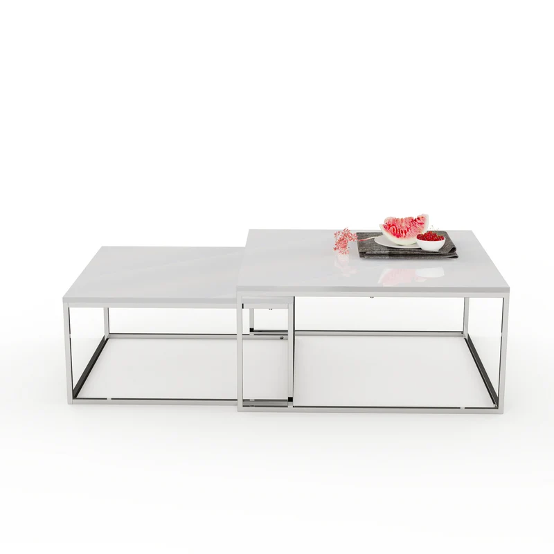 2er Set Design Couchtisch MENTO weiss hochglanz 60cm Edelstahl