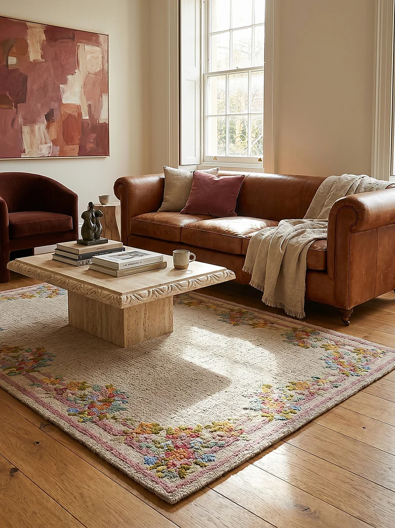 Wollteppich Blumenbordüre · 100 % Wolle · handgetuftet · 8 mm Kurzflor