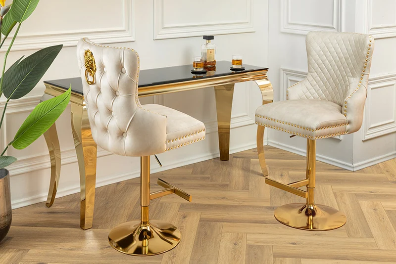 Edler höhenverstellbarer Barstuhl LEON Samt beige Edelstahl Löwenkopf