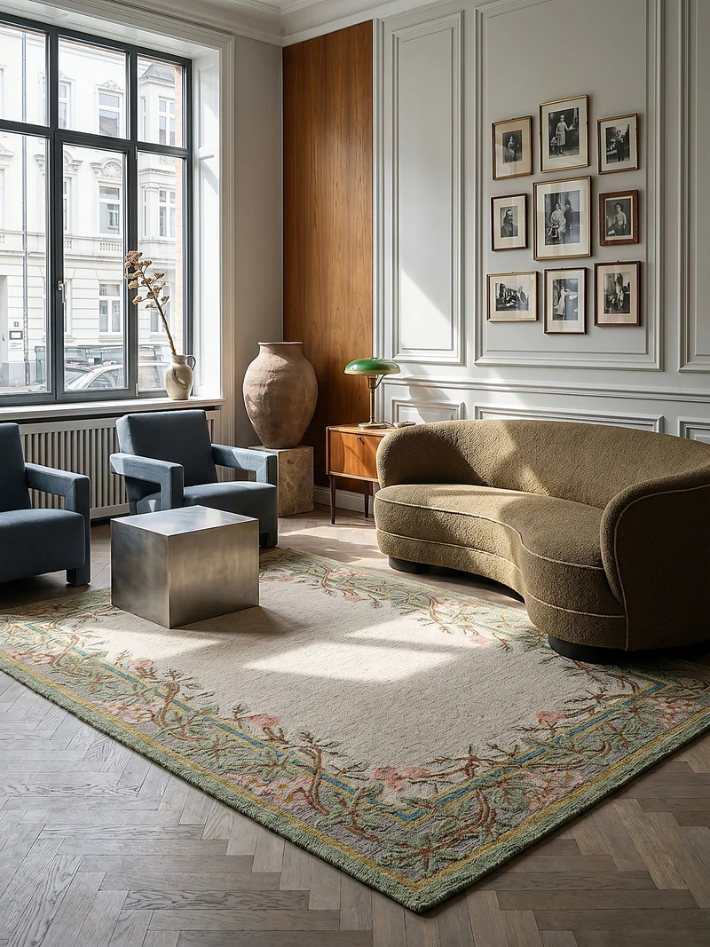 Wollteppich Blumenbordüre · 100 % Wolle · 8 mm Kurzflor