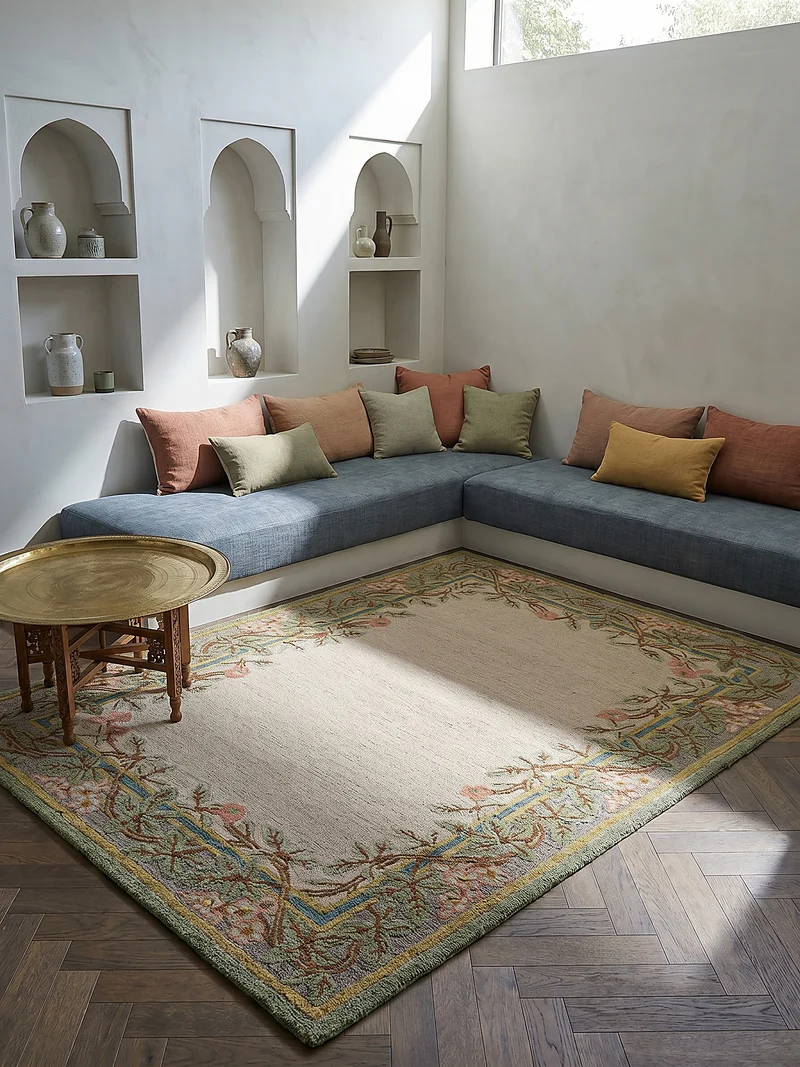 Wollteppich Blumenbordüre · 100 % Wolle · 8 mm Kurzflor