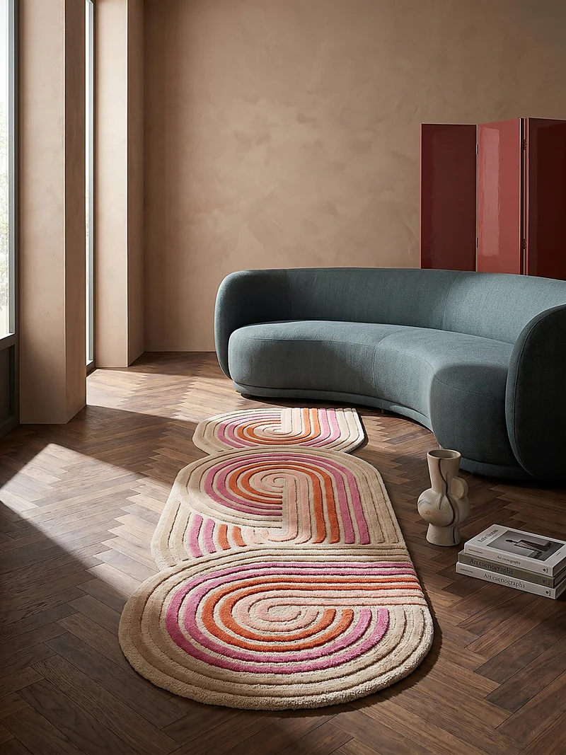 Wollteppich Spiralform · 100 % Wolle · handgetuftet
