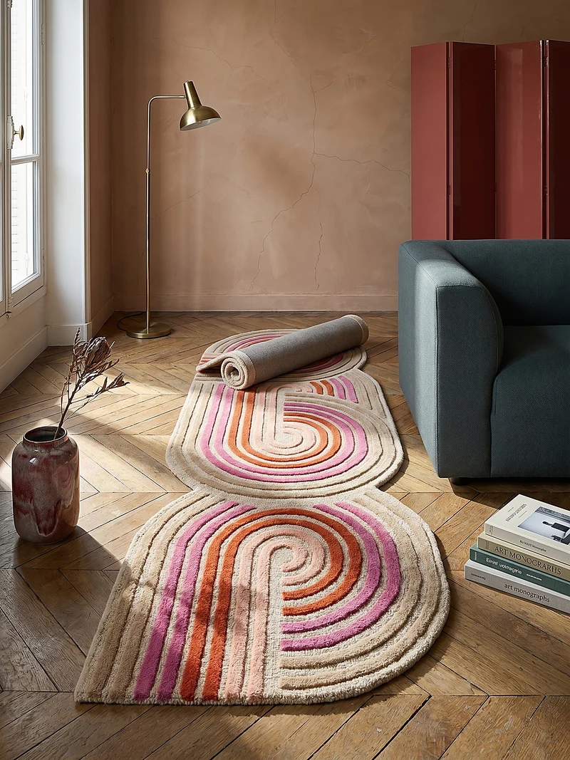 Wollteppich Spiralform · 100 % Wolle · handgetuftet