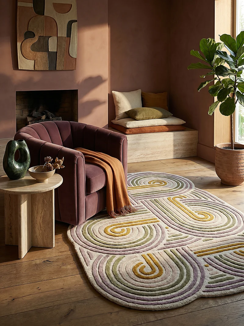 Wollteppich Spiralform · 100 % Wolle · handgetuftet