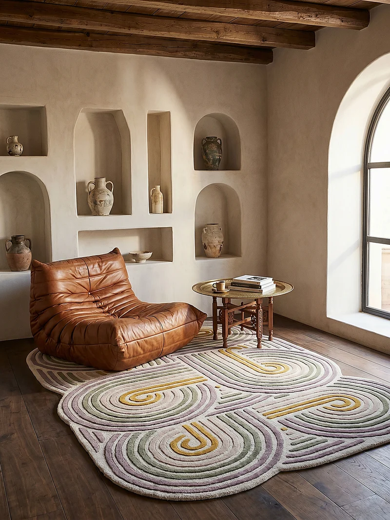 Wollteppich Spiralform · 100 % Wolle · handgetuftet