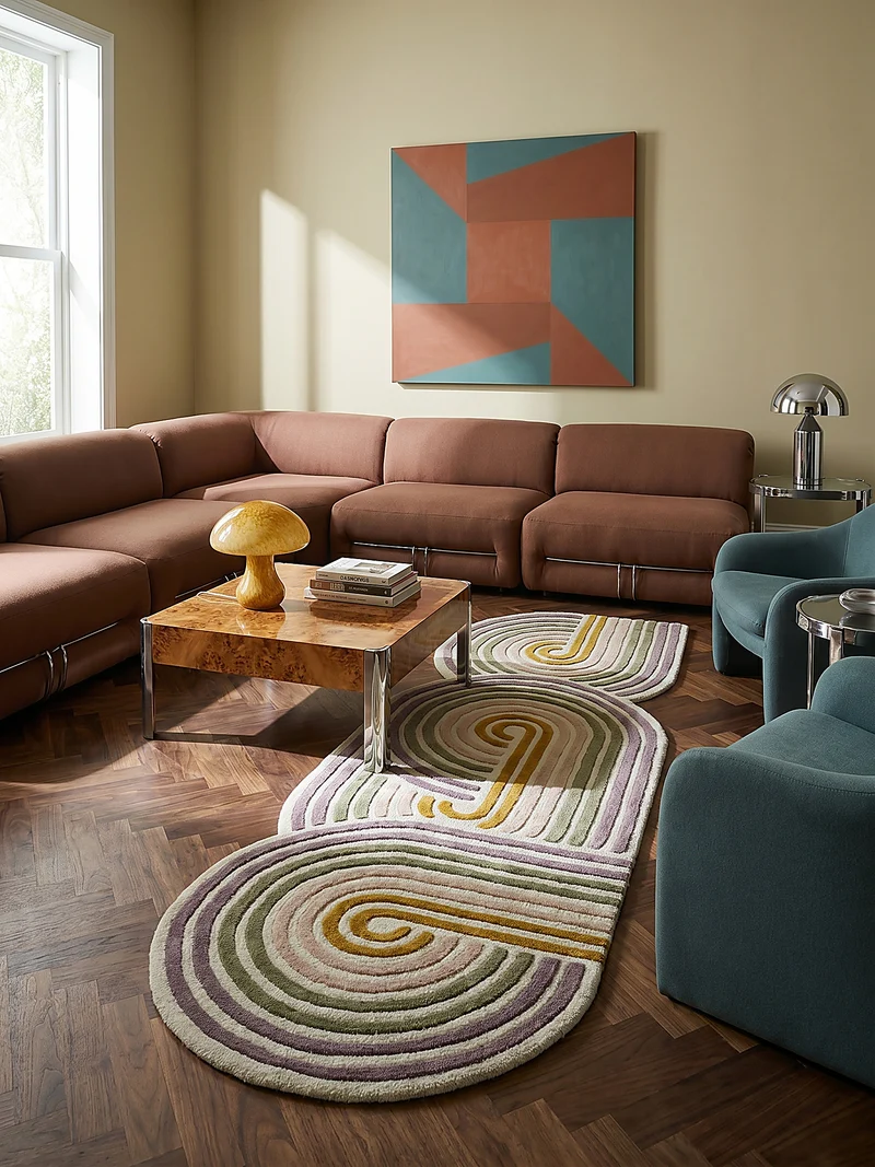 Wollteppich Spiralform · 100 % Wolle · handgetuftet