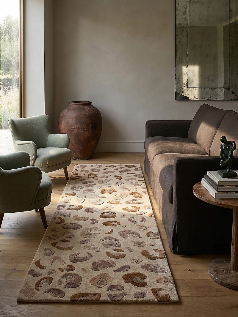 Designteppich Leopard-Print · Lyocell-Wool Mix · Caramel auf Beige · 7 mm Hand-Tufted