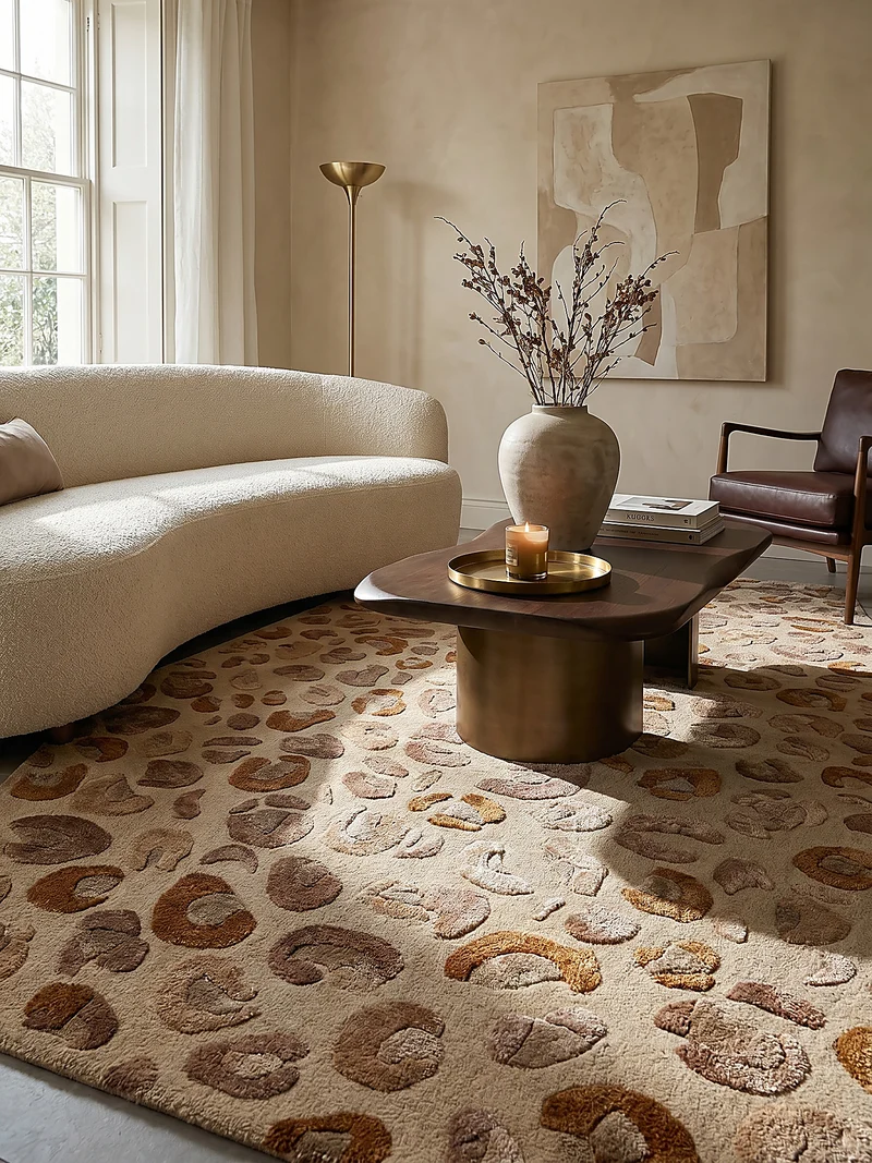 Designteppich Leopard-Print · Lyocell-Wool Mix · Caramel auf Beige · 7 mm Hand-Tufted