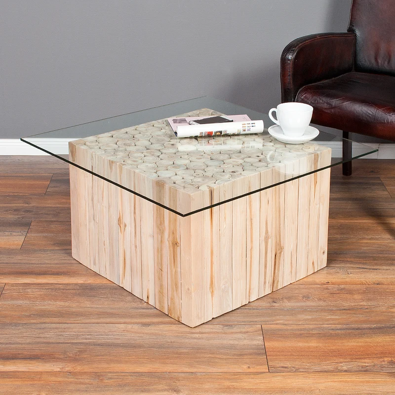 Teak Couchtisch JEFF mit Glasplatte 70x70cm Massivholz