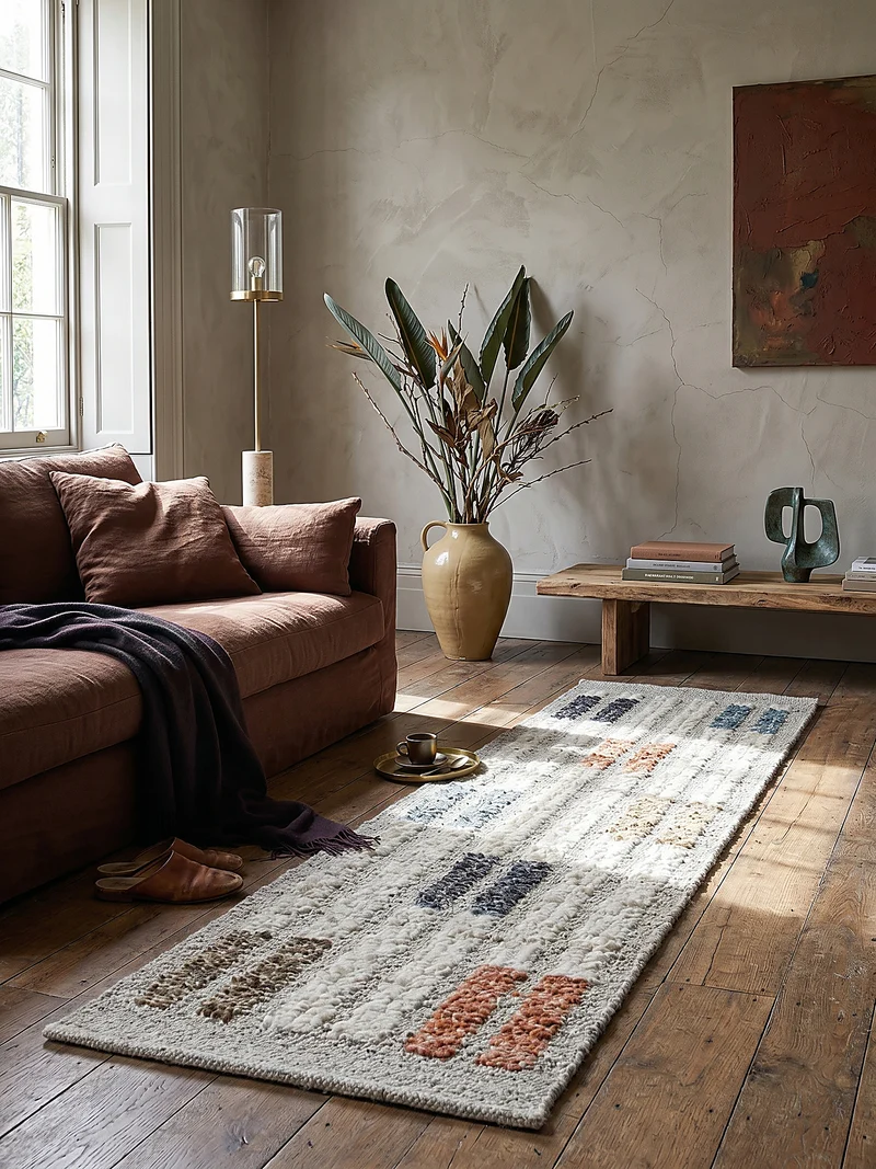 Bouclé-Teppich Blockmuster · 58 % Wolle · flach strukturiert