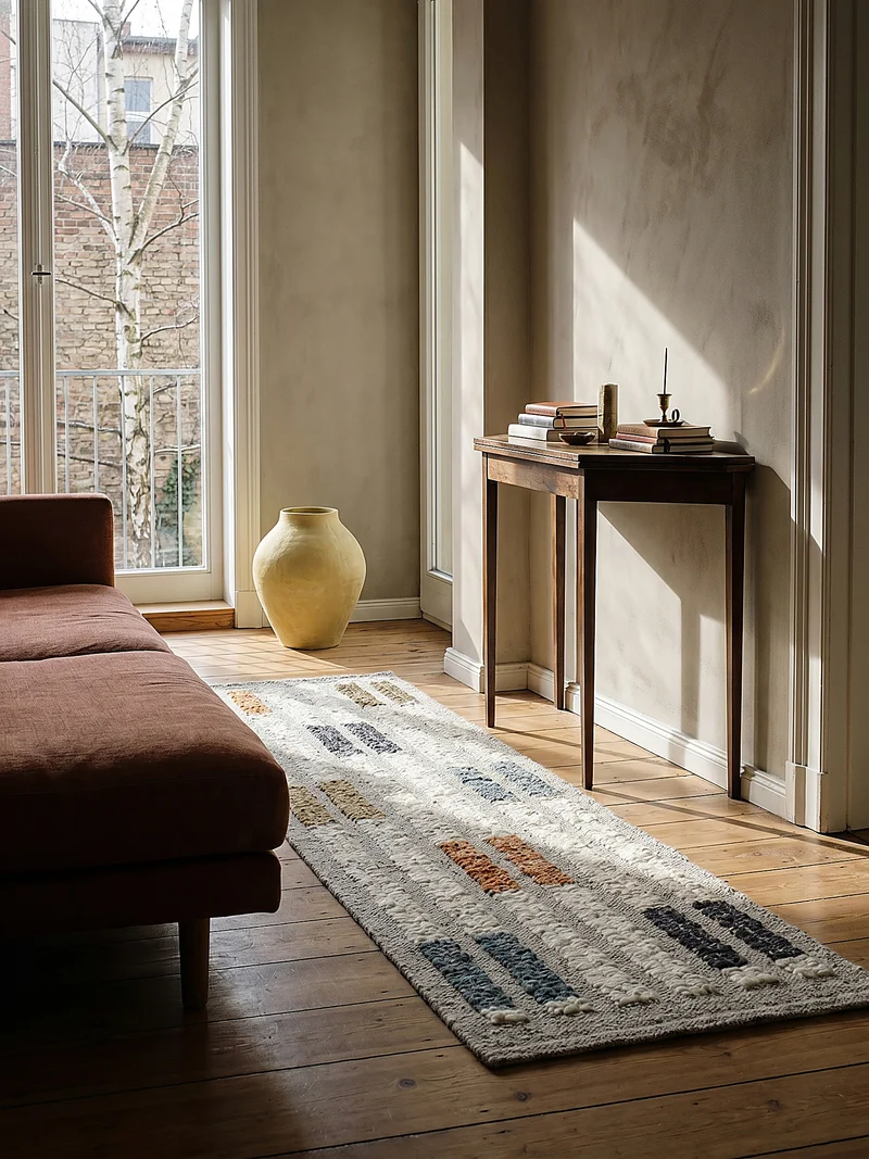 Bouclé-Teppich Blockmuster · 58 % Wolle · flach strukturiert