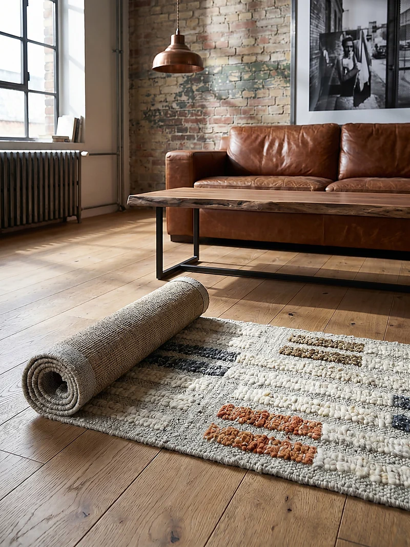 Bouclé-Teppich Blockmuster · 58 % Wolle · flach strukturiert