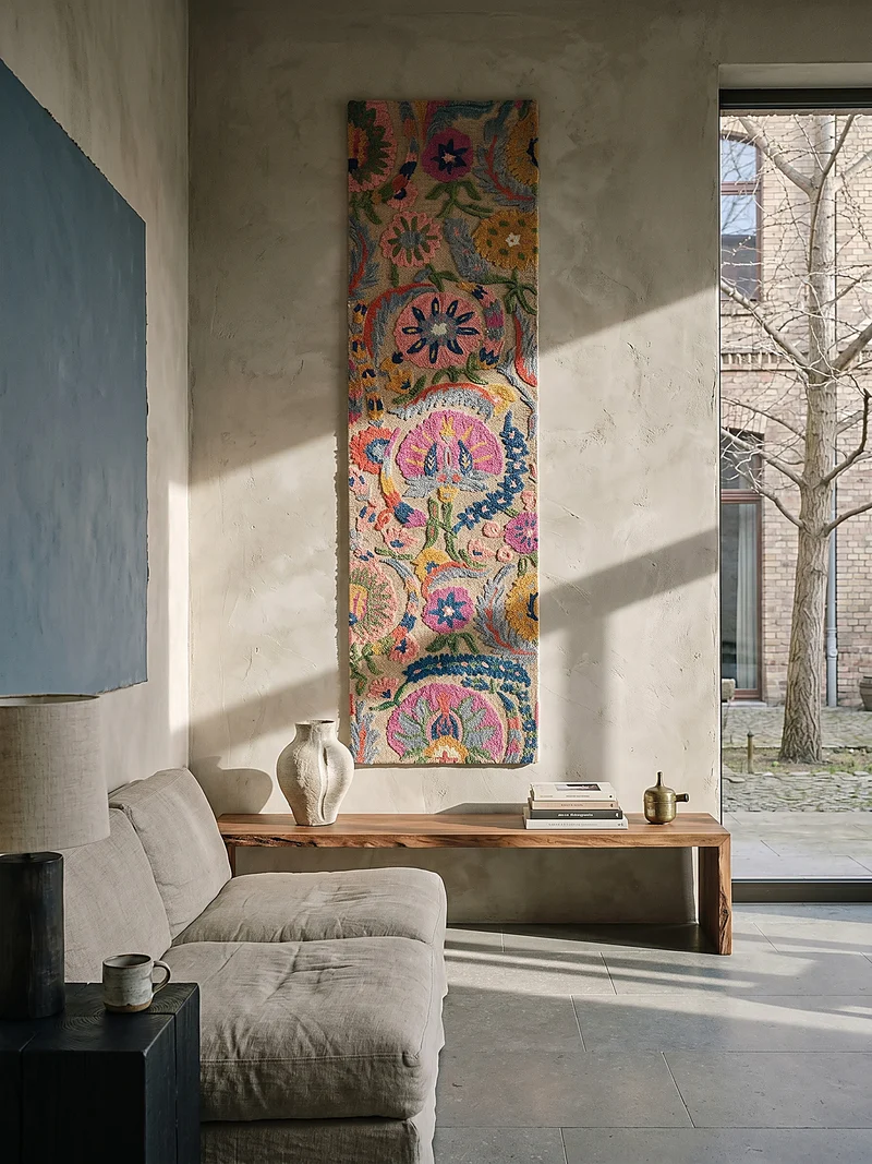 Wollteppich Boho Floral · 100 % Wolle · Hand-Tufted · Multi-Color auf Beige · 8 mm