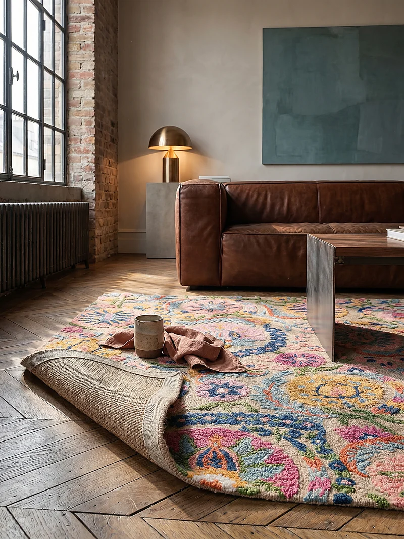 Wollteppich Boho Floral · 100 % Wolle · Hand-Tufted · Multi-Color auf Beige · 8 mm