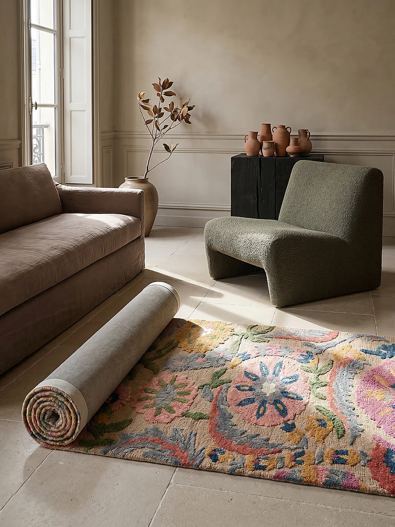 Wollteppich Boho Floral · 100 % Wolle · Hand-Tufted · Multi-Color auf Beige · 8 mm