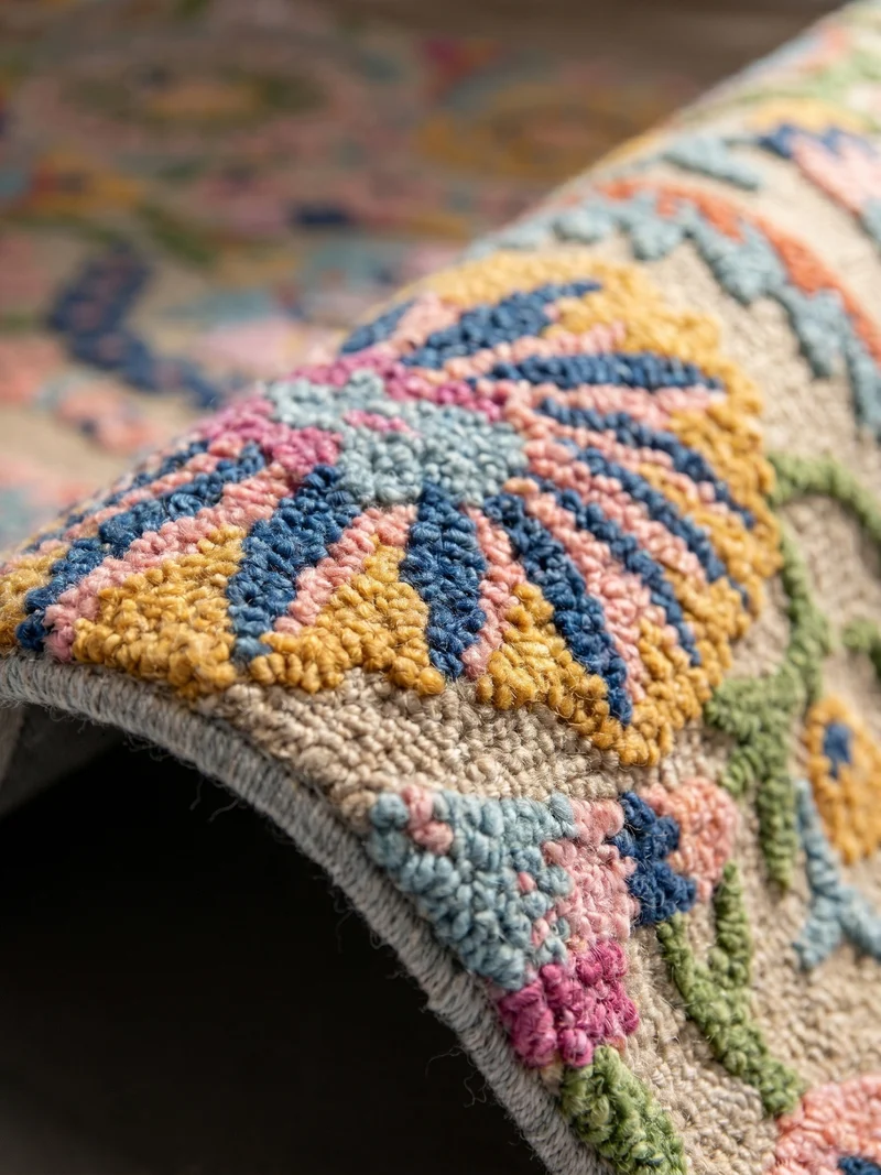 Wollteppich Boho Floral · 100 % Wolle · Hand-Tufted · Multi-Color auf Beige · 8 mm
