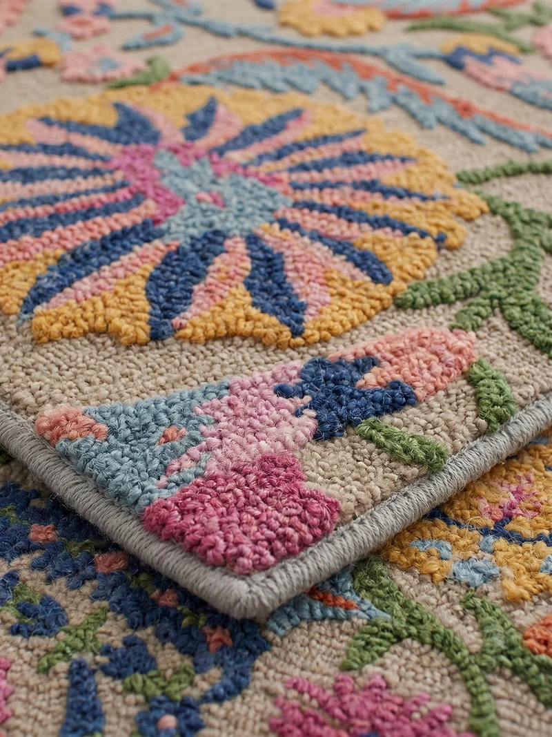 Wollteppich Boho Floral · 100 % Wolle · Hand-Tufted · Multi-Color auf Beige · 8 mm