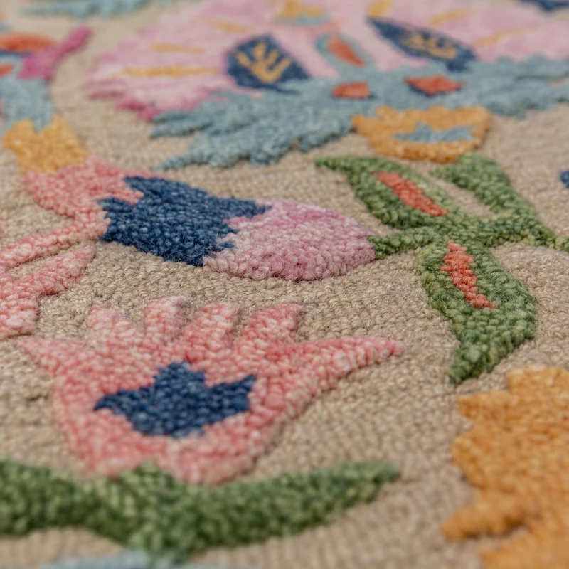 Wollteppich Boho Floral · 100 % Wolle · Hand-Tufted · Multi-Color auf Beige · 8 mm