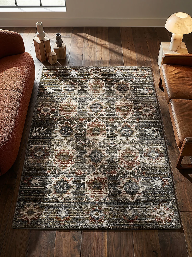 Vintage-Teppich Orient · Medaillon-Design · Multi-Tonal Grün-Grau · 8 mm Soft-Pile