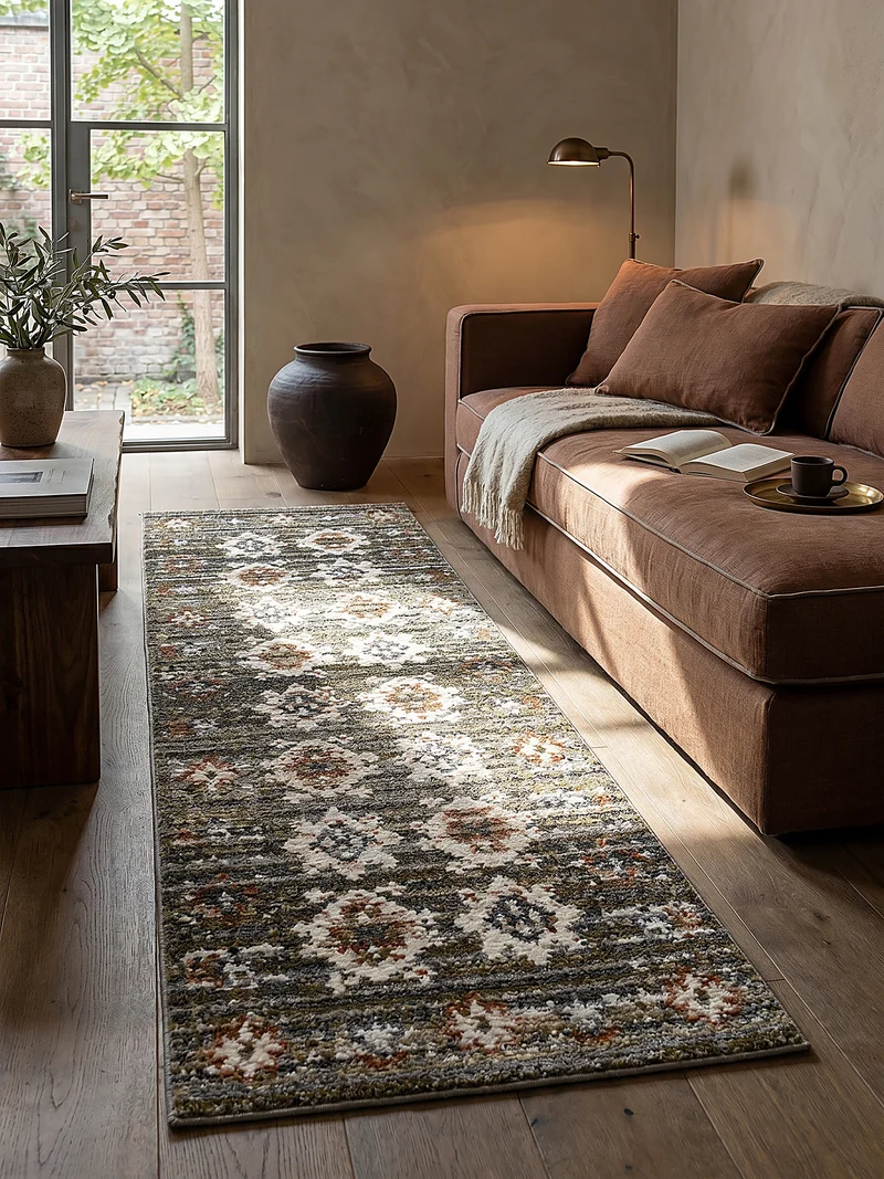 Vintage-Teppich Orient · Medaillon-Design · Multi-Tonal Grün-Grau · 8 mm Soft-Pile