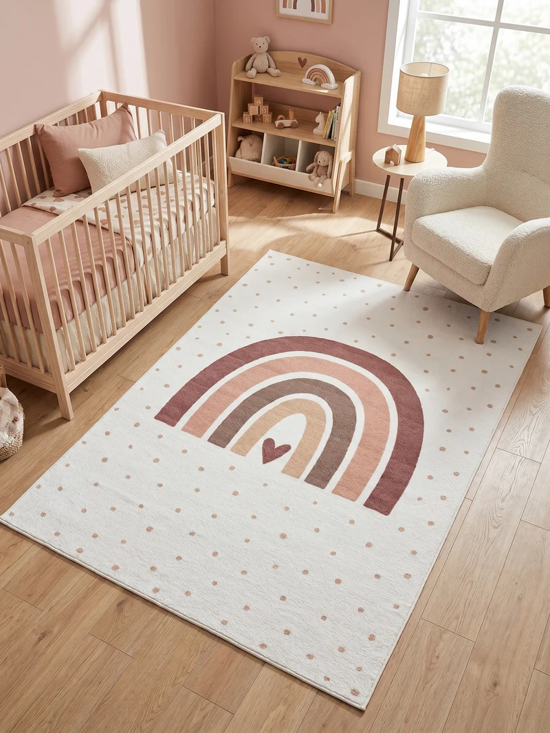 Kinderteppich Regenbogen & Herz Waschbar mit Rutschstopp