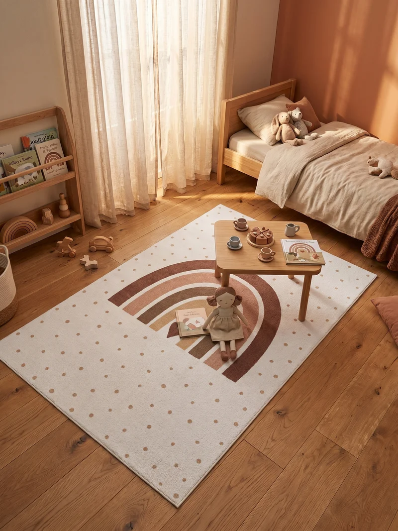 Kinderteppich Regenbogen & Herz Waschbar mit Rutschstopp