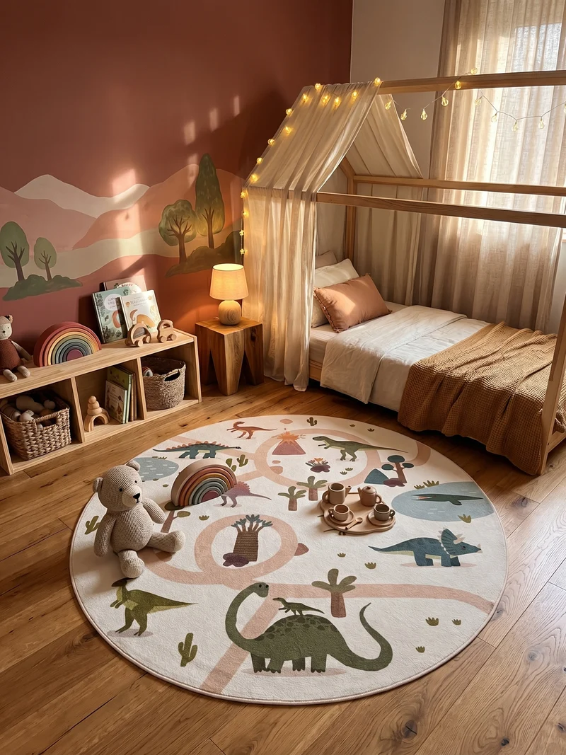 Kinderteppich Dinosaurier Waschbar mit Rutschstopp
