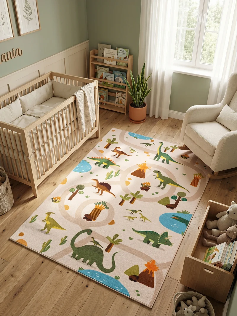 Kinderteppich Dinosaurier Waschbar mit Rutschstopp