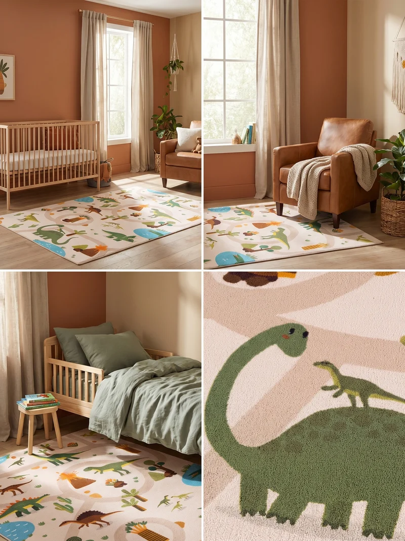Kinderteppich Dinosaurier Waschbar mit Rutschstopp