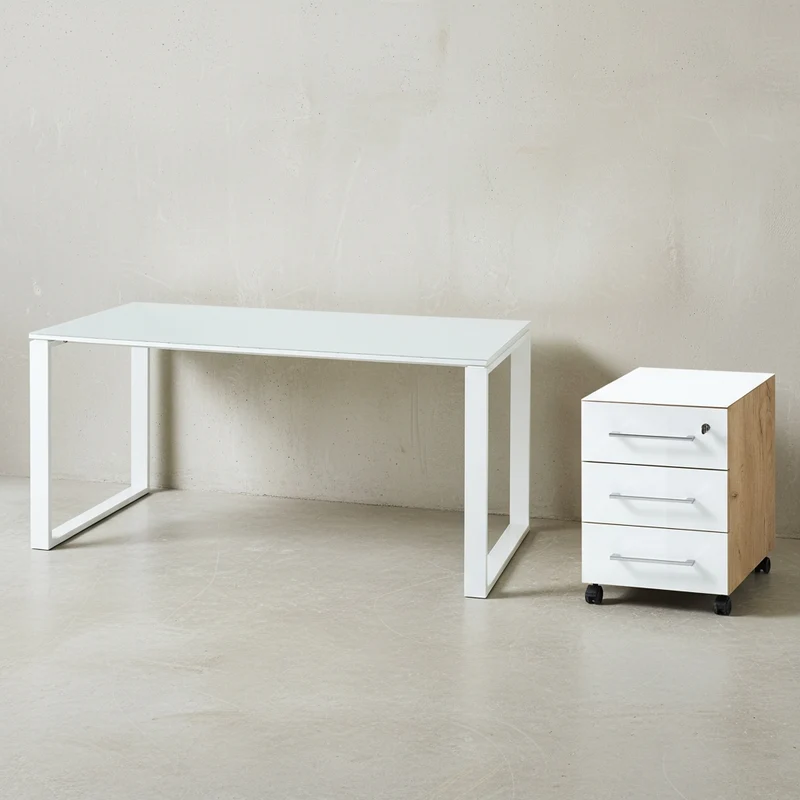 Schreibtisch-Set 160x80 cm | Glasplatte & Container