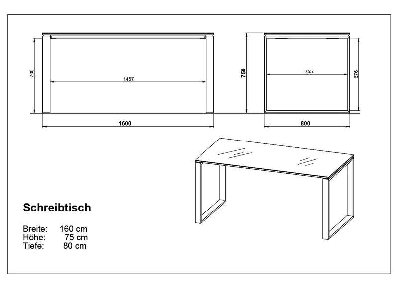 Schreibtisch Glasplatte & Kufengestell | 160x80 cm Weiß