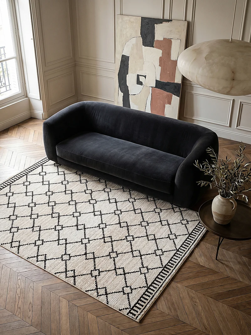 Berber-Teppich Rauten · Cremeweiß-Schwarz · 8 mm Soft-Pile · Pflegeleicht