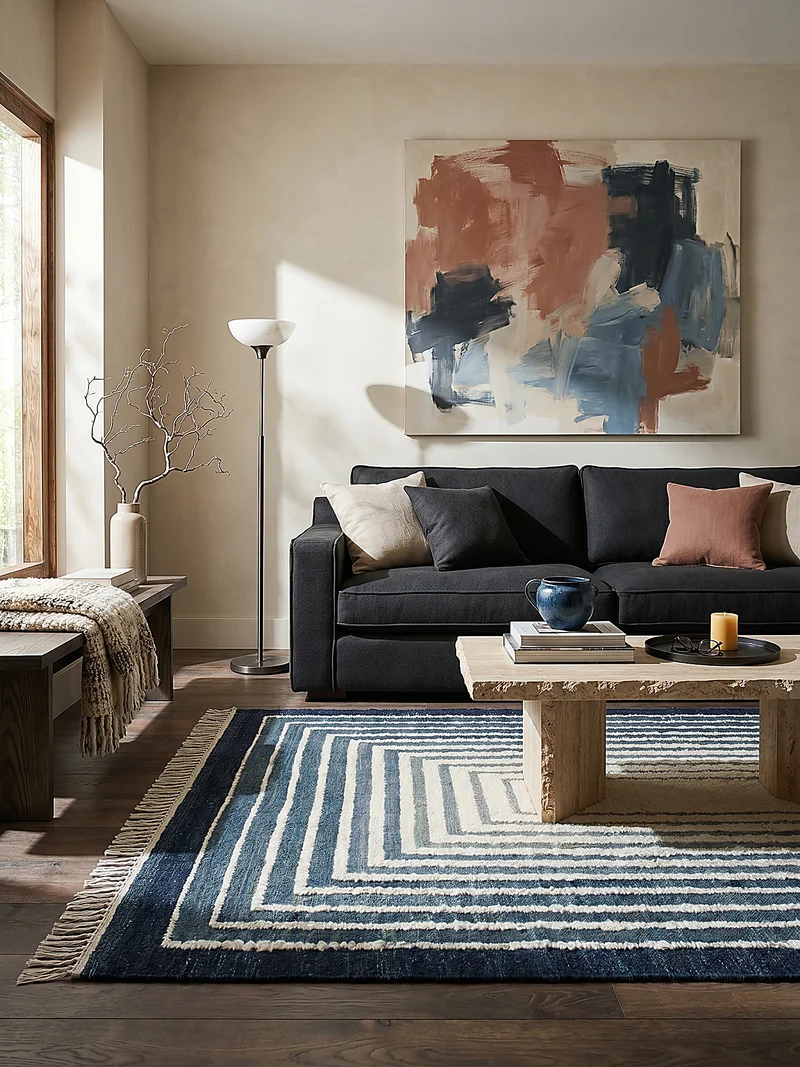 Flachgewebe-Teppich Bouclé-Frame · 74 % Wollanteil · handgewebt mit Fransen