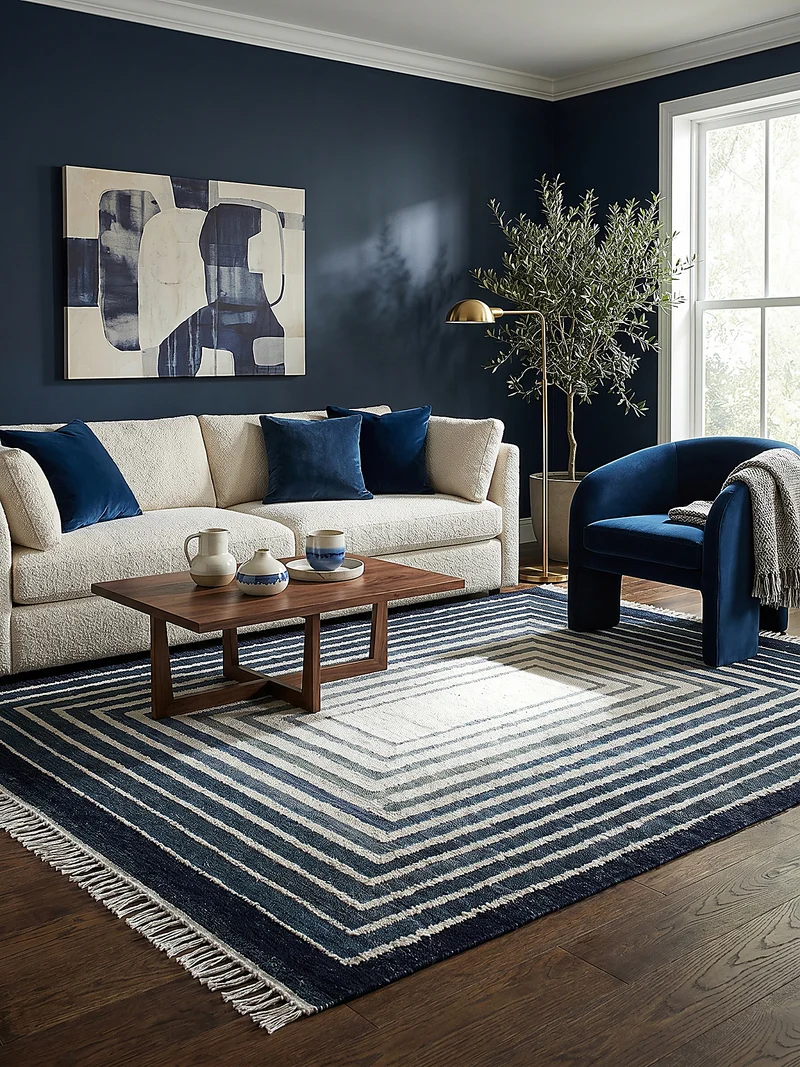 Flachgewebe-Teppich Bouclé-Frame · 74 % Wollanteil · handgewebt mit Fransen
