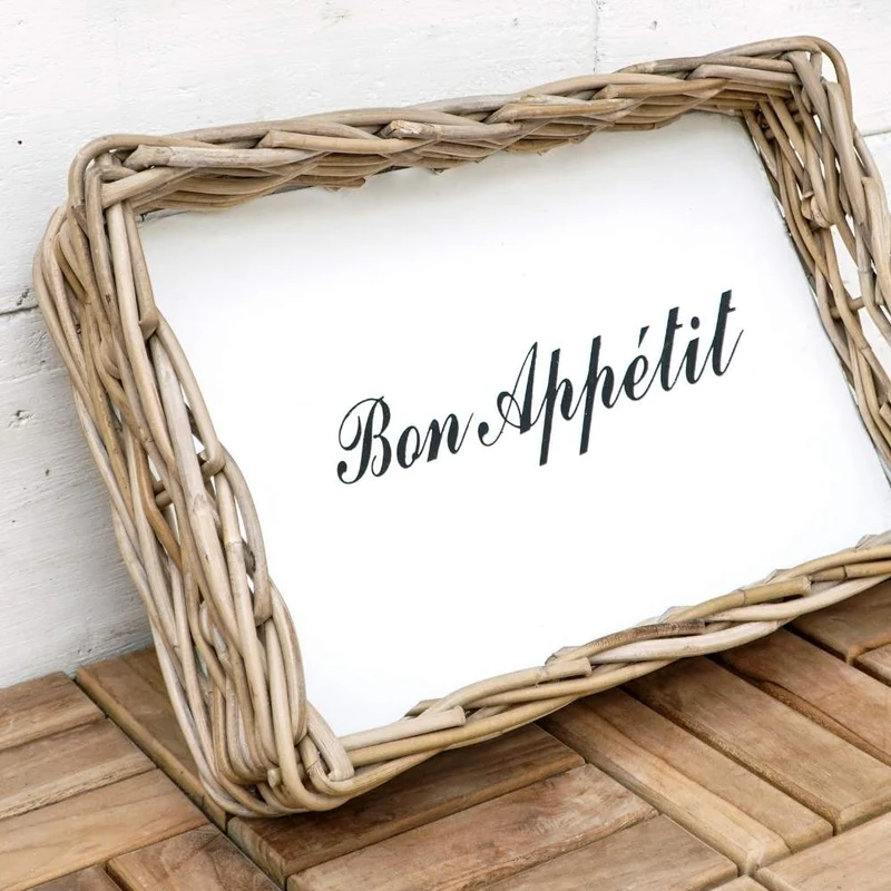 Landhaus-Tablett BON APPETIT 42x27cm Kubu Grey Rattan Handarbeit