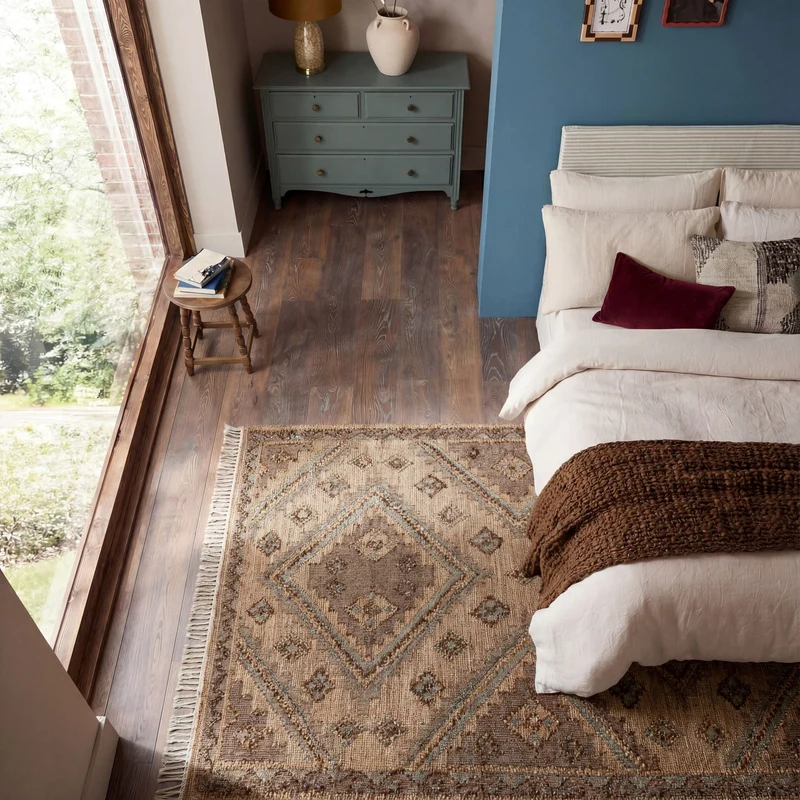 Jute-Teppich Vintage handgewebt · Naturfaser-Mix · Punja-Webstuhl · Flachgewebe Boho