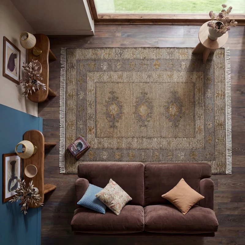 Jute-Teppich Vintage · Medaillon-Muster · handgewebt mit Fransen